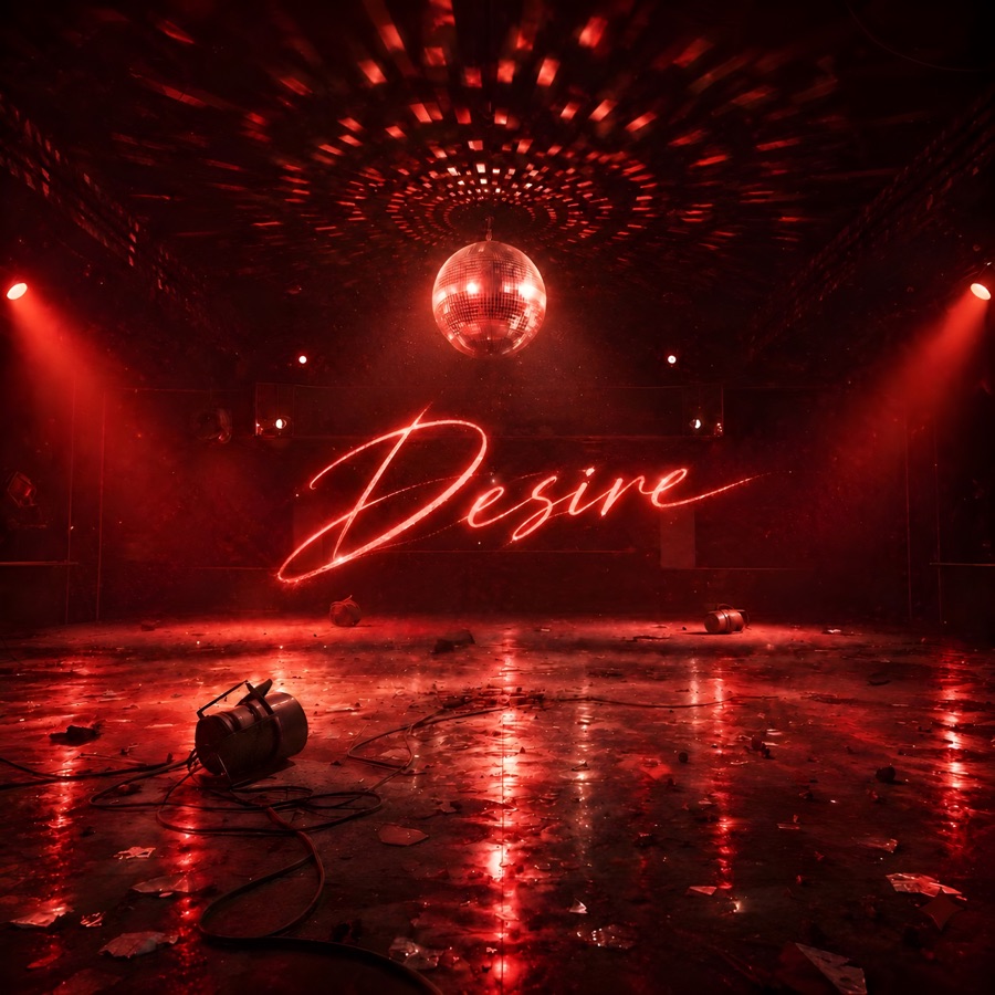 Desire single artwork: a red-lit club with a disco ball and the title Desire